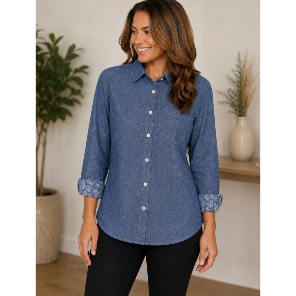 Weatherproof‎ Vintage Floral Chambray Button Down Shirt Small 100% Cotton
